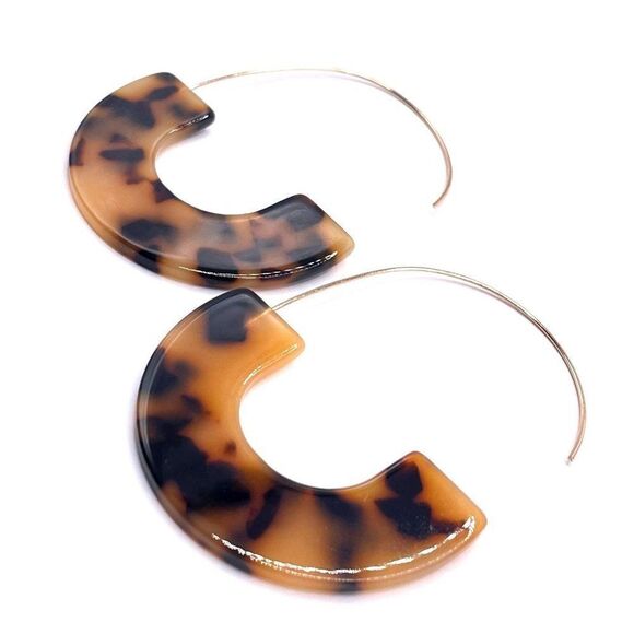 Orange and Black C Shaped Tortoise Shell Acrylic Yellow Gold Hoop Earrings - Picture 3 of 6